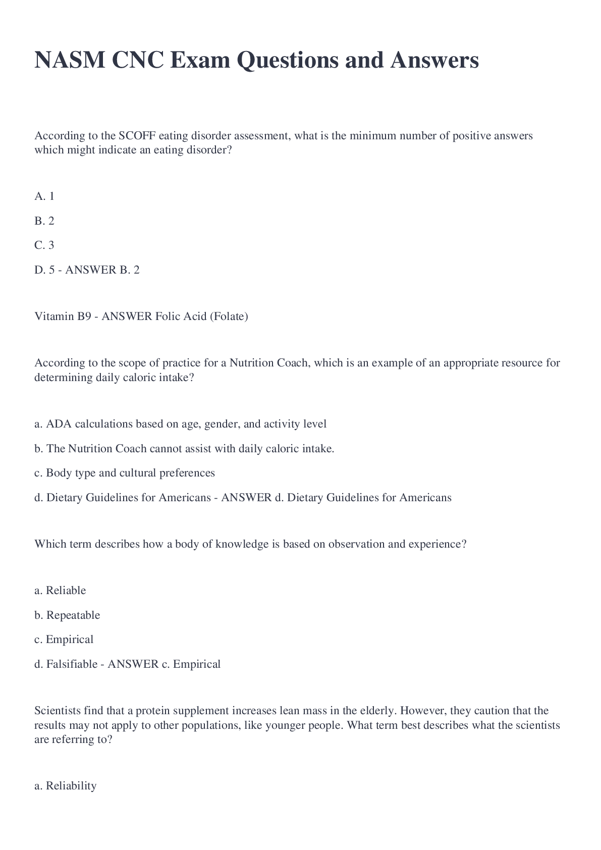 NASM CNC Exam Questions and Answers